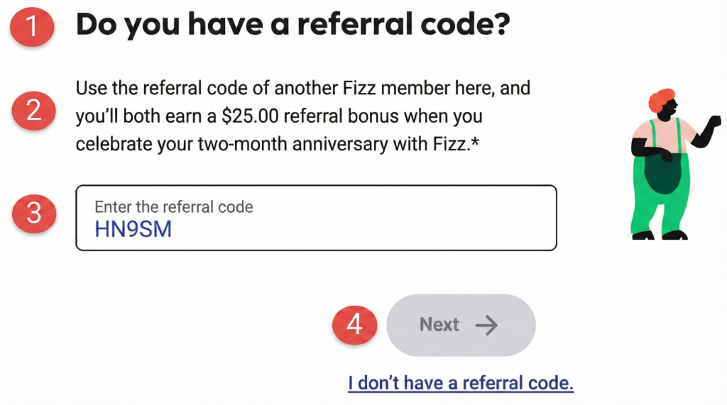 How to enter Fizz referral code HN9SM during checkout
